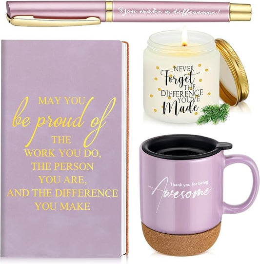 Sayglossy 4 Pcs Thank You Gift Set for Women Men Back to School Teacher Appreciation Gift Leather Notebook Inspirational Coffee Mug Scented Candle Ballpoint Pen for Employee Coworker Nurse Boss, Puple