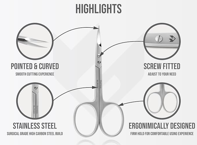 Cuticle Scissors Extra Fine Curved & Pointed Sharp Blades, German Quality Stainless Steel with Leather Case, Nail Care Manicure, Pedicure, Eyebrow, Eyelash & Mustache Scissors (Silver, Fine Sharp)