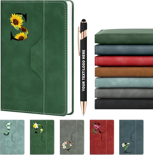 ENOMY Personalized Notebook Journal & 10 PC Pens Set Custom Notebook with Pen 240 Pages A5 Hardcover Journal for Men Women Leather Notebook for Work College Graduation Gifts, Green