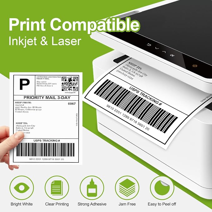 100 Labels 100 Sheets 8.5" x 11" Full Sheet Sticker Paper for Laser & Ink Jet Printers, Full Page Shipping Labels, 8 1/2x11 Printable Label