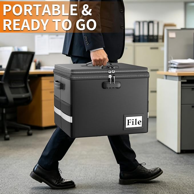 ENGPOW Fireproof Document Box with Locks and Accordion File Folder,Black | File Organizer with Multi-Pocket, Portable Home Office File Cabinet Safe Storage for Hanging Letter/Legal Size Folders
