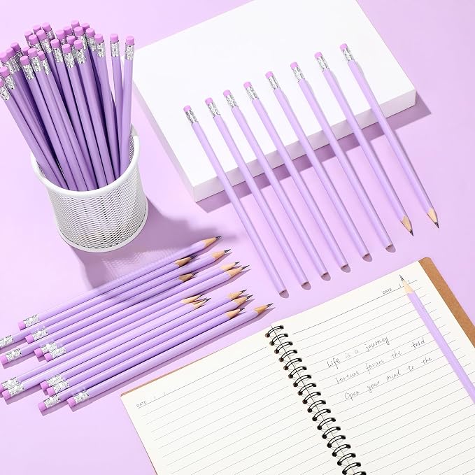 Tinlade 50 Pcs Purple Triangular Grip Pencils Wood Wedding Pencils HB Graphite Pencil Pack Eraser for Baby Shower Drawing Sketching Bridal Shower Office Supplies