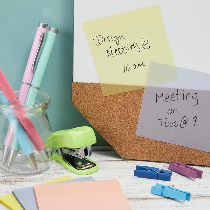 12-Pack 3x3-Inch Transparent Sticky Notes, 5.2mil Clear Plastic Self-Stick Sheets in Blue, Yellow, and Pink for Notes, Annotations, and Bookmarks, 50 Sheets per Pad, 600 Sheets Total