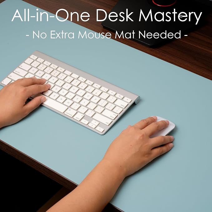 Leather Desk Pad Protector, Waterproof Mouse Pad, PU Desk Mat, Office Desk Cover, Desk Writing Mat for Office/Home/Work/Cubicle (Light Blue/Silver) 31.5x15.7 in
