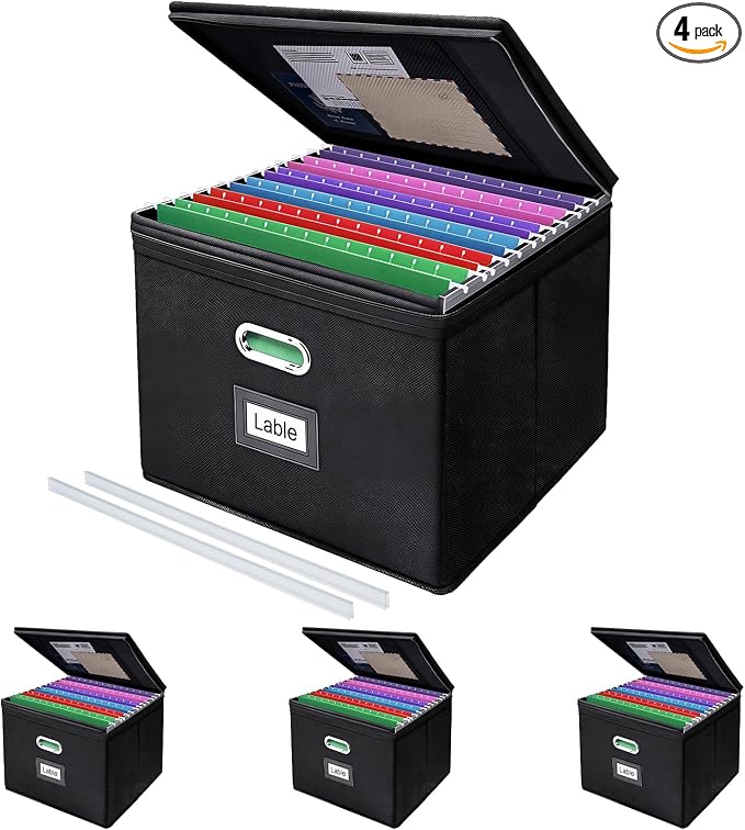 4 Pack File Organizer Boxes with Lids, Collapsible Document Storage Bin with Mesh Pockets & Zipper, Fits Letter/Legal Size Folders for Home Office Classroom Organization (Black, No Folders)