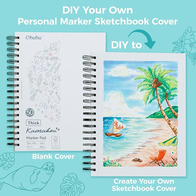 Ohuhu 7"x10" Double-Sided Bleedproof Marker Pad Art Sketchbook 50 Sheets | Large Sketch Book - 160 LB/280 GSM Smooth Drawing Paper - 50 Sheets/100 Pages - Spiral-Bound Sketch Pad for Alcohol Markers