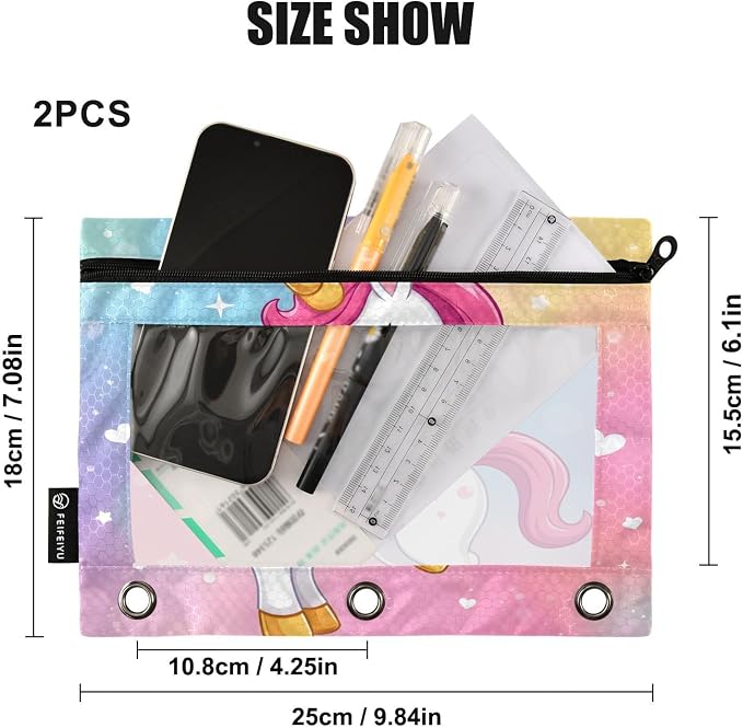 ALAZA Pencil Pouch for 3 Ring Binder, Cute Unicorn Rainbow Binder Pencil Pouches with Clear Window Zipper Pencil Case Cosmetic Bags for Office College Supplies, 2PCS