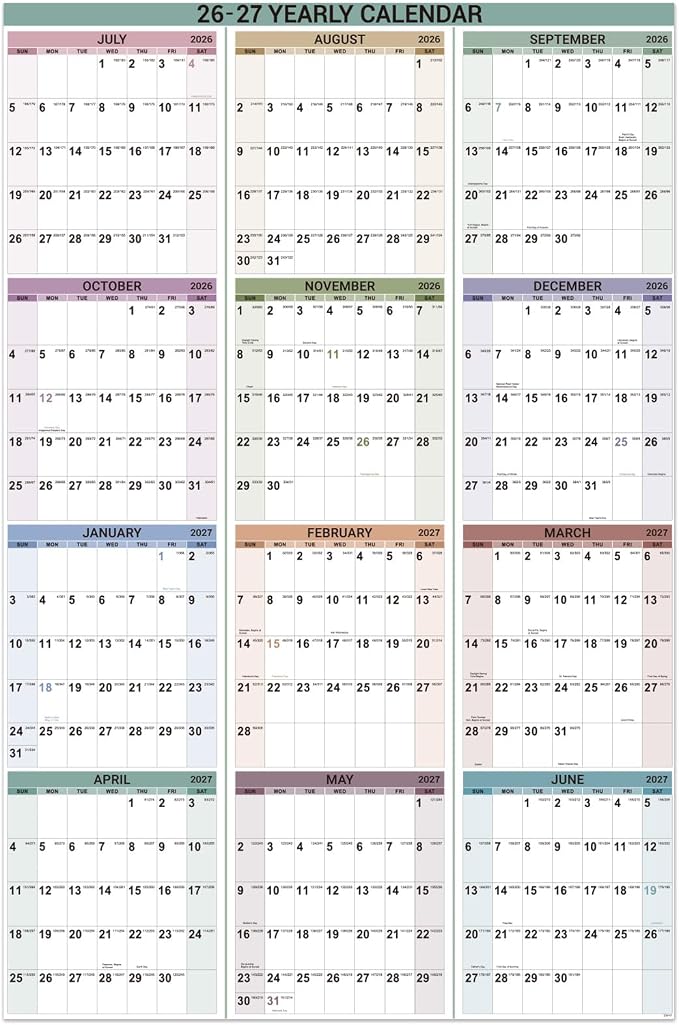 2026-2027 Yearly Wall Calendar - Jul. 2026 - Jun.2027, 34.4" x 22.8" (Open) | Wall Calendar 2026-2027 with Round Sticks, Thick Paper, Vertical