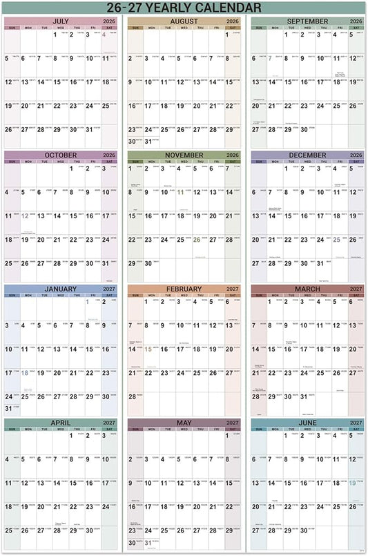 2026-2027 Yearly Wall Calendar - Jul. 2026 - Jun.2027, 34.4" x 22.8" (Open) | Wall Calendar 2026-2027 with Round Sticks, Thick Paper, Vertical