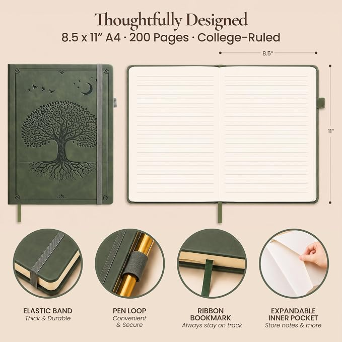 Lined Journal Notebook Hardcover Leather Bound 200 Pages A4 Green Diary | College Ruled 8.5x11" Journaling Notebooks for Men & Women, Writing for Personal, Large Travel Daily Note Book Tree of Life