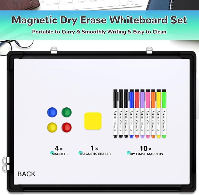 Monthly Calendar Whiteboard for Wall, 24x18 Inches Dry Erase Board with Cork Board Combo, Magnetic White Board, Double-Sided Hanging Portable Board for Office School Home Kitchen Planner, Black