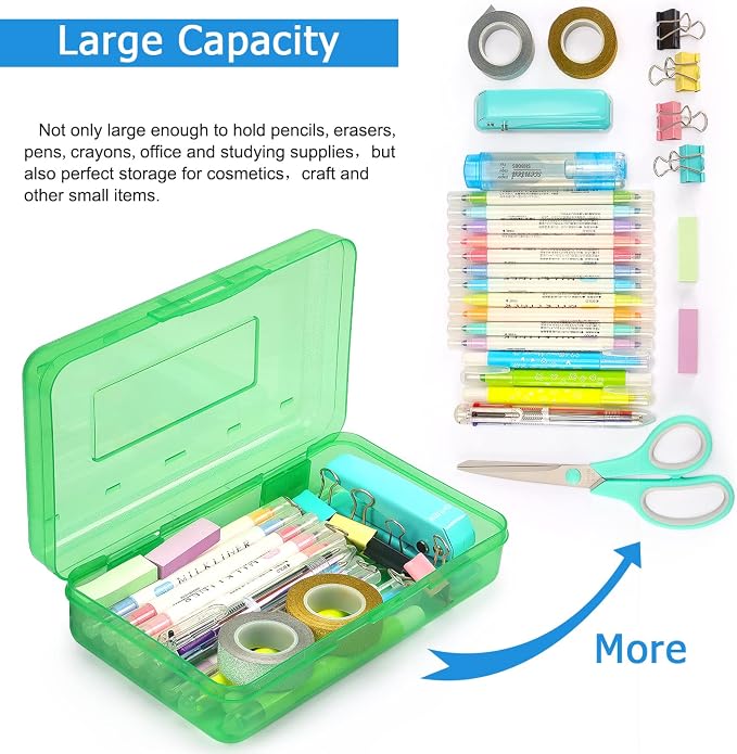 Tamaki 1 Pack Plastic Pencil Box Large Capacity, Blue, Green, Pink | Clear Boxes with Snap-tight Lid Stackable Design and Stylish Office Supplies Storage Organizer
