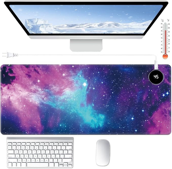 Heated Desk Pad Large Mouse Pad 31.5 x 13 inch with 3 Levels Heating & Auto Shut-Off Warm Mouse pad PU Leather Computer Mousepad for Home Office Work - Beautiful Galaxy