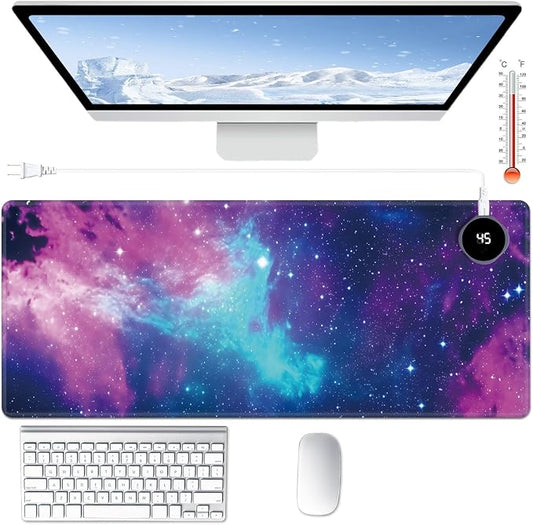 Heated Desk Pad Large Mouse Pad 31.5 x 13 inch with 3 Levels Heating & Auto Shut-Off Warm Mouse pad PU Leather Computer Mousepad for Home Office Work - Beautiful Galaxy