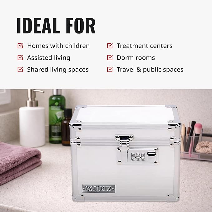 Vaultz Locking Medicine Box with Combination Lock - Secure Metal Lock Box Safe for Medication, Pills & Valuables, Small Lockbox with Code, Portable Storage Case, White | Metal lock box, storage case for medication and small valuables, 3-digit combinati...