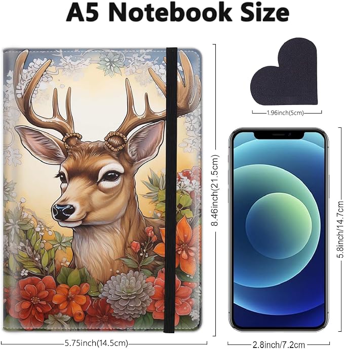 A5 Leather Lined Journal Notebook, 200 Pages Hardcover Executive Notebook for Men Women Office School Note Taking, Thick Writing Paper Daily Journal with Bookmarks/Indexes, Deer Red Flower