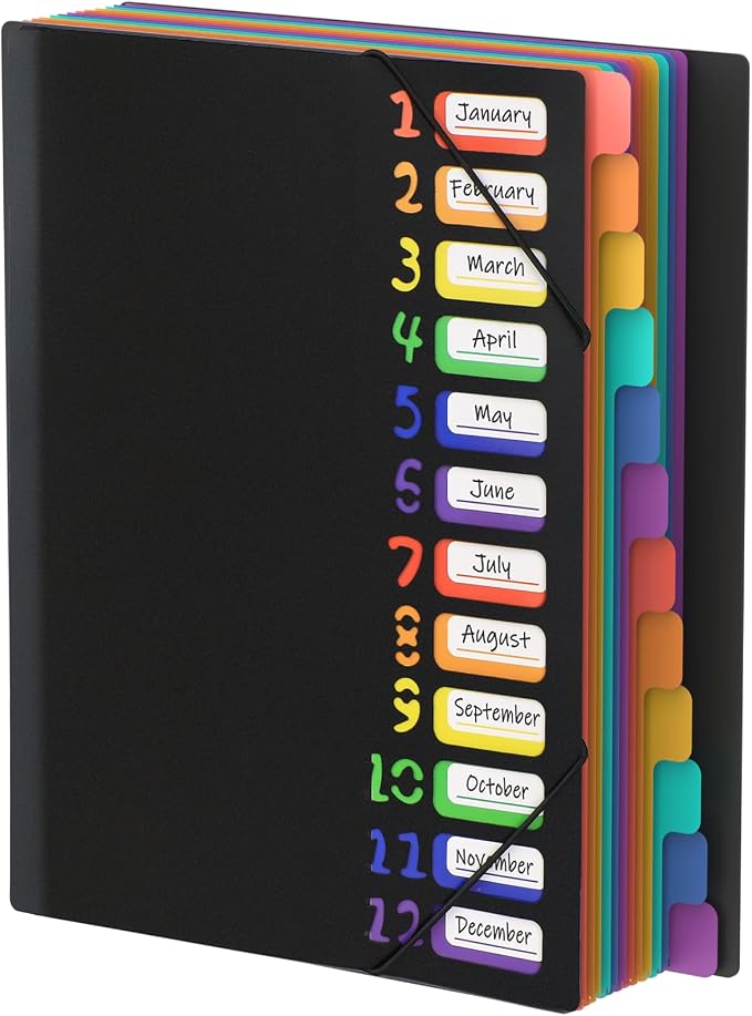 HABGP 24 Plastic Folders with Multi Pockets, 12 Colors, Office Organizer with 12 Tab Dividers, Letter Size School Supplies