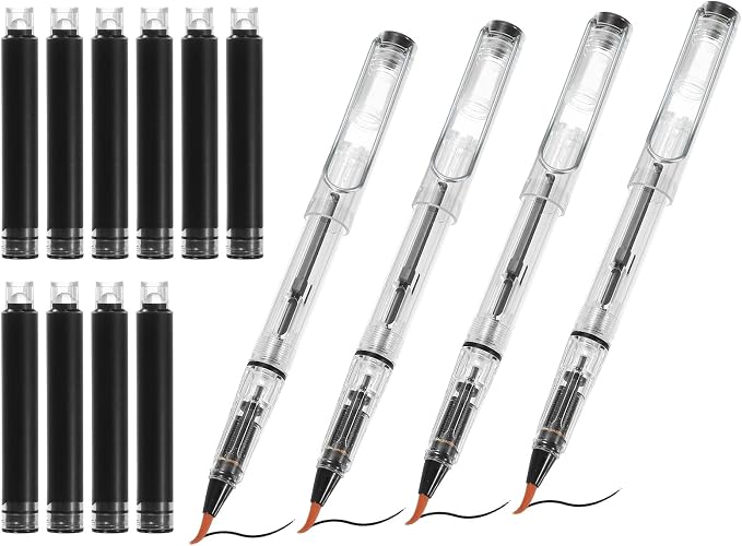 PATIKIL 4Pcs Calligraphy Brush Pens, Fountain Ink Brush Pen Refillable with 10Pcs Ink Refill for Writing Lettering Drawing Chinese Japanese Signature, Transparent