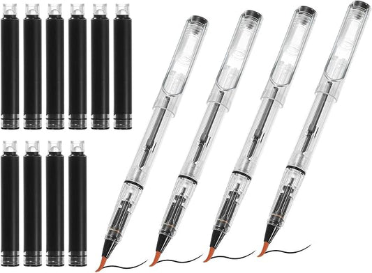 PATIKIL 4Pcs Calligraphy Brush Pens, Fountain Ink Brush Pen Refillable with 10Pcs Ink Refill for Writing Lettering Drawing Chinese Japanese Signature, Transparent