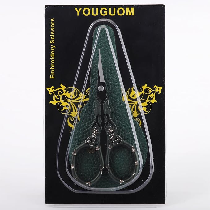 YOUGUOM Crochet Stitch Scissors with Cover, Small Crafting Shears | Vintage, Sharp, for Sewing, Embroidery, Needlework, Knitting, Yarn, Paper, Detail Thread Snips, Mini DIY Tools, Green