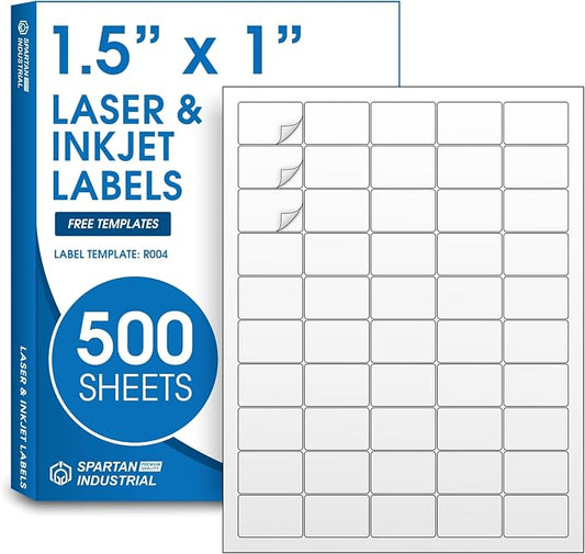 1.5" X 1" Matte White Printable Address Labels (500 Sheets, 25000 Labels) | Mailing Labels and Barcode Stickers for Laser & Inkjet Printers - Spartan Industrial Template R004