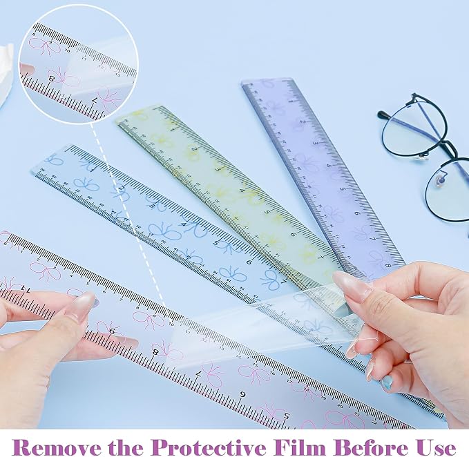 BAYTORY 4Pcs Transparent Acrylic Ruler 12 Inch, Plastic Straight Rulers | Shatterproof Student Stationery Centimeters with Inches, for Classroom Essentials School Supplies (Bowknot 12 Inch)