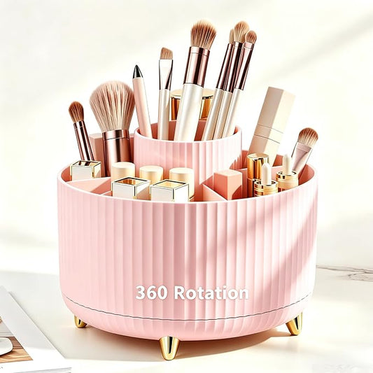 360 Degree Rotating Makeup Brush Holder Organizer Detachable Design 5 Slot Make up Brushes Cup for Cosmetics and Pencil Pen Organizer for Desk Makeup Organizer Skincare Storage for Vanity (pink2)