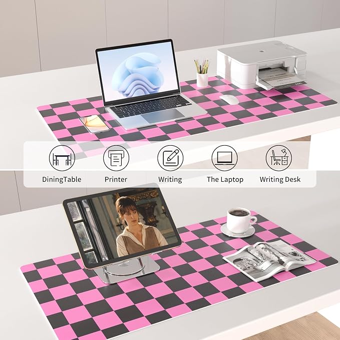 Colorful Star Black Pink Plaid PU Leather Mouse Pad, 31.5" x 15.7" | Waterproof Office Desk Mat, Non-Slip Gaming Mouse Pad, XXL PC Laptop Protector Pads, Desk Writing Pads for Office Home