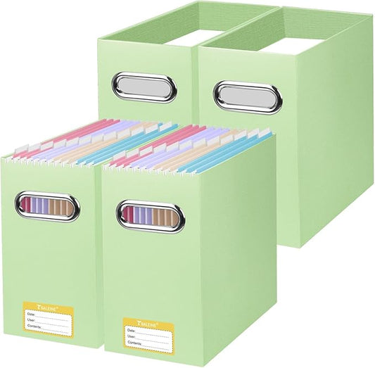 BALEINE File Organizer Box, Cardboard File Folder Organizer with Handle for Letter Size, Portable Collapsible Hanging Filing Box for Home Office Document Storage (4 Pack, Green)