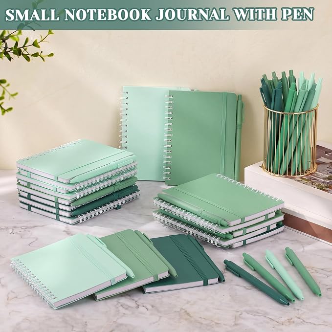 Fulmoon 12 Set Small Spiral Notebooks A6 with Pens Bulk, Multicolor 4" x 6" Pocket Notebooks Mini Lined Journals 50 Sheets for Back to School Supplies Students Gifts Rewards Office (Forest Greens)