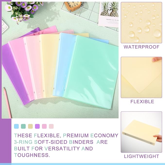 Fulmoon 6 Pack Plastic 3 Ring Binder Assorted Colors Economy Flexible Round Ring Presentation Binders with Pocket for Office School Meeting(1 Inch,Pastel Colors)