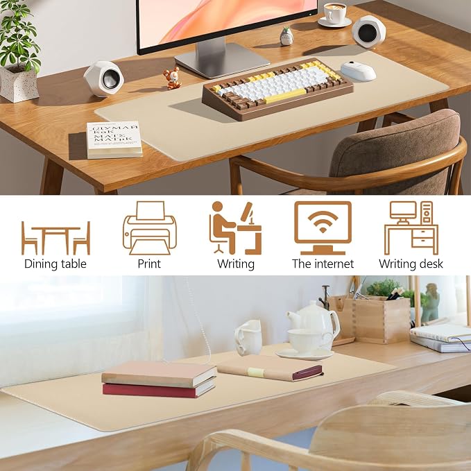 Beige Leather Desk Mat Large Mouse Pad, Waterproof Desk Pad for Keyboard and Mouse, Non-Slip Computer Desk Protector, Smooth Mouse Movement Desk Mat for Home and Office(35.4"×17")