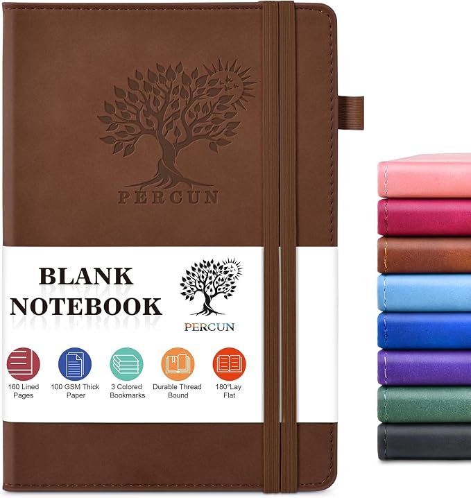 PERCUN Blank Journal Notebook, A5 Hardcover Sketchbook, 140 Pages 5.9"×8.5" | Leather Unlined Notebook for Drawing & Writing, Travel Diary, Art Journal for Men Women, School & Work