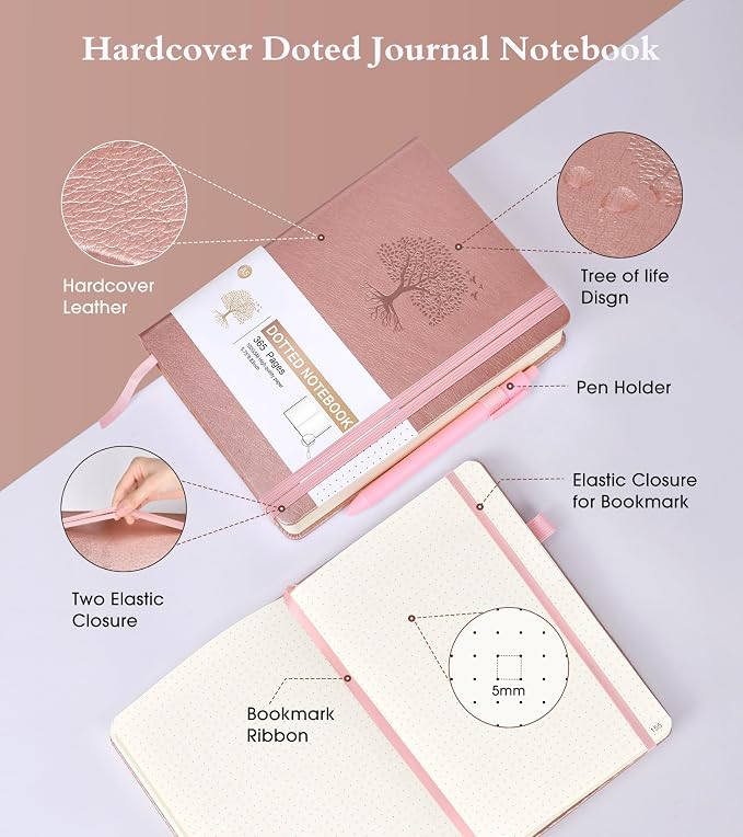 Ansopu Dotted Journal Notebook, 360 Numbered Pages Bullet Journals, 100gsm Dot Paper Thick Hardcover Leather Journal for Writing Women Men,A5 Dotted Grid Notebooks for Work 5.75" x 8.38" Pink
