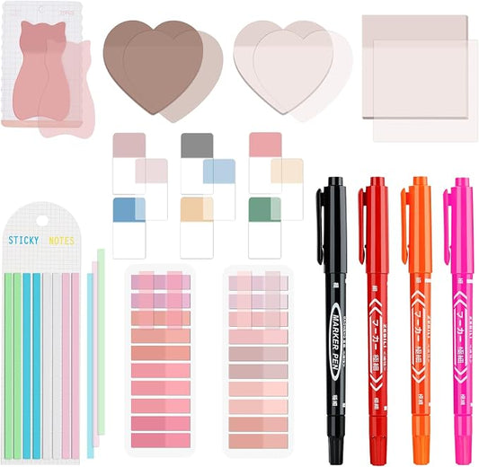 BAYTORY 850 Sheets Transparent Sticky Notes with Permanent Markers (Pink) | Clear 3 x 3 inch Sticky Note to Post Book Annotation Kit, See Through Self-Adhesive Index Tabs for Bible Journaling