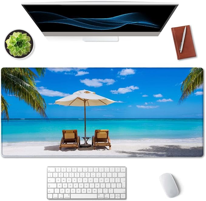 SSOIU Gaming Mouse Pad, Extended Mouse Pad, 35.5x15.7inch XXL Large Big Computer Keyboard Mouse Mat Desk Pad with Non-Slip Base and Stitched Edge for Home Office Gaming Work, Turquoise Tropical Sea
