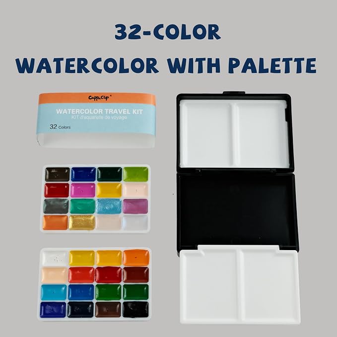 Watercolor Travel Kit, 32 Colors Watercolor Paint Set with 3-in-1 100% Cotton Watercolor Sketchbook, Water Brush, Sponge & Clip, Plein Air Painting Set for Artists (32 Colors)