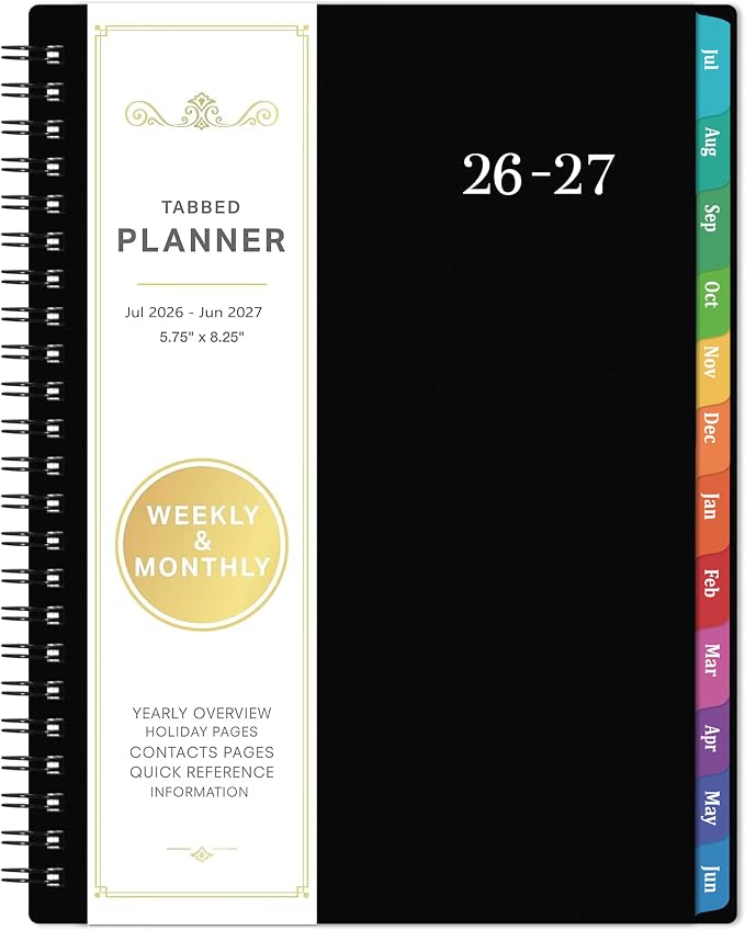 Academic Planner 2026-2027, July 2026 - June 2027, 6.3" x 8.4" | 26-27 Planner Weekly and Monthly, Colorful Tabs, PP Cover, A5 Thick Paper, Twin-Wire Binding - Black