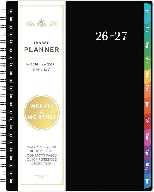 Academic Planner 2026-2027, July 2026 - June 2027, 6.3" x 8.4" | 26-27 Planner Weekly and Monthly, Colorful Tabs, PP Cover, A5 Thick Paper, Twin-Wire Binding - Black
