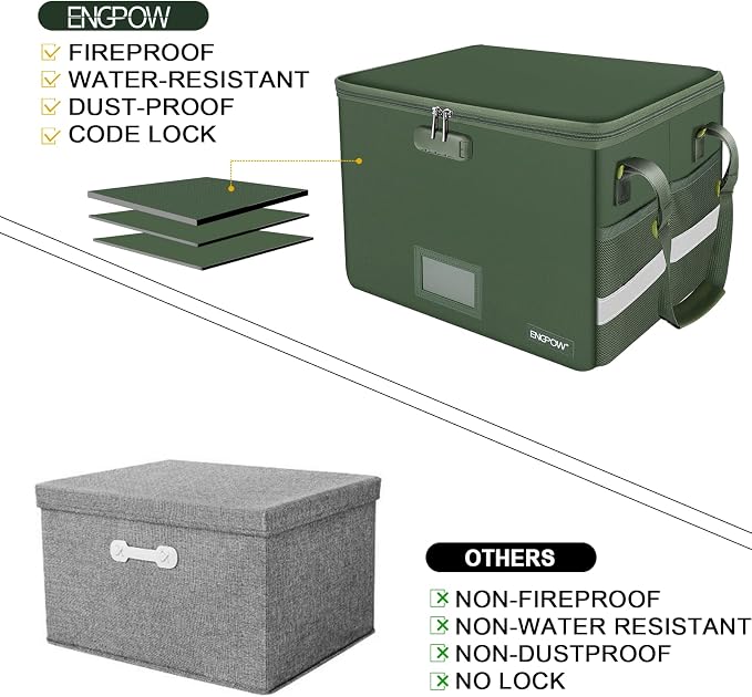 ENGPOW File Box with Lock, Fireproof Document Box with Pockets, Collapsible File Organizer Filing Storage Cabinet with Handle, Portable Home Office Safe for Hanging Letter/Legal Folders,Green,2 Pack