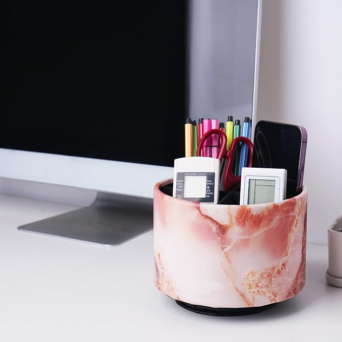 Round Leather Art Supply Organizer,Remote Control Holder,360-degree Rotating Pen Organizer with 4 Compartments(1-Marble Pink)