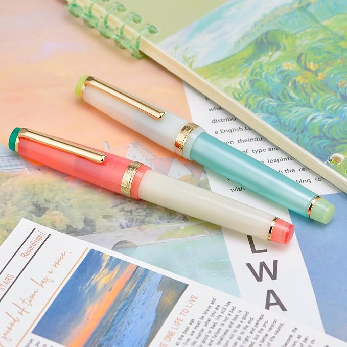 2PCS Jinhao 82 Fountain Pen Extra Fine Nib & Fine Nib with Converter, Mixed Macaroon Blue Red Gold Trim Writing Pen Set