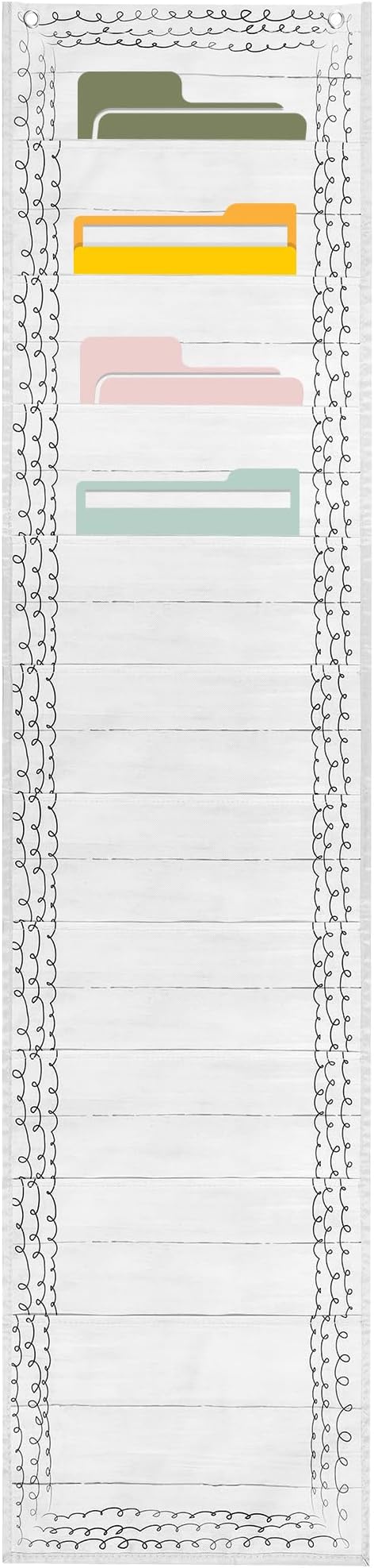 MotiMind Retro Style10 Pockets Wall Hanging File Folders File Storage Pocket Chart for Classroom Hanging Wall Organizer with 2 over The Door Hangers, 58" x 14" for School Classroom Office Home
