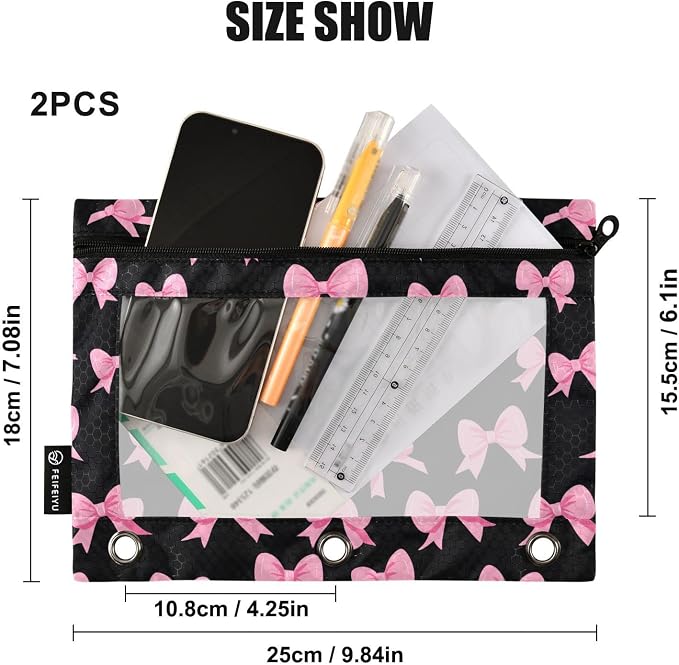 Pink Bow Black Pencil Pouch for 3 Ring Binder 2 Pack Zipper Binder Pencil Bag Case with Clear Window Office Supplies