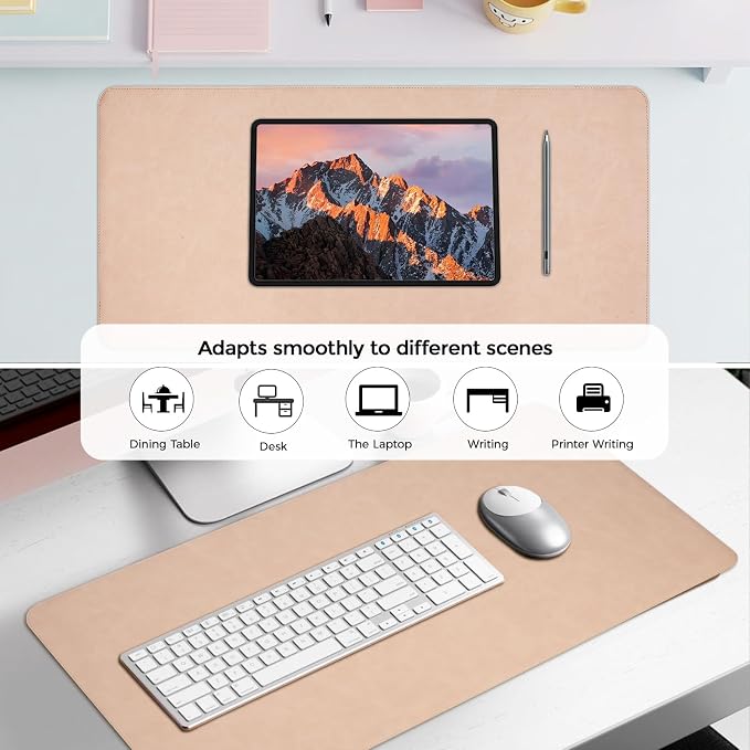 CHEERYGOO Leather Office Desk Pad Protector, Non-Slip PU Leather Desk Blotter, Waterproof Laptop Writing Mouse Pad for Office and Home,23.6"x 13.8" M Beige
