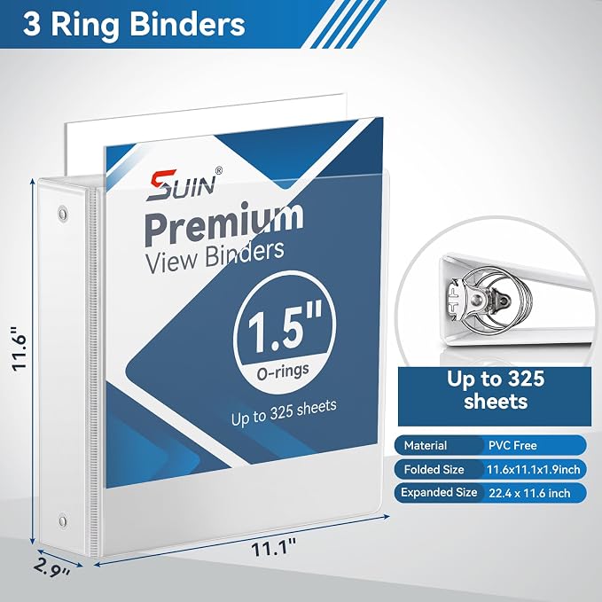 SUIN 1.5-Inch 3-Ring Binders with 2 Interior Pockets, Premium Clear View Presentation Binder Holds 325 Sheets Letter Size, Office School Home,6 Pack