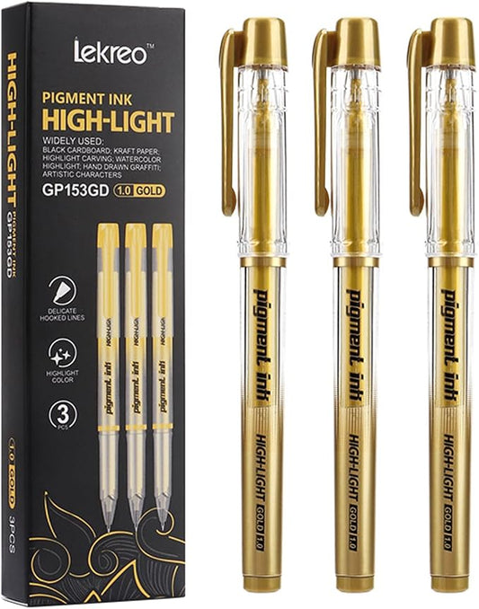 Gold Silver White Ink Gel Pens, 1mm Medium Fine Point, Opaque archival Ink Pen for Dark Paper Drawing,Sketching, Illustration, Card Making, Bullet Journaling (Gold Ink-3 Packs)