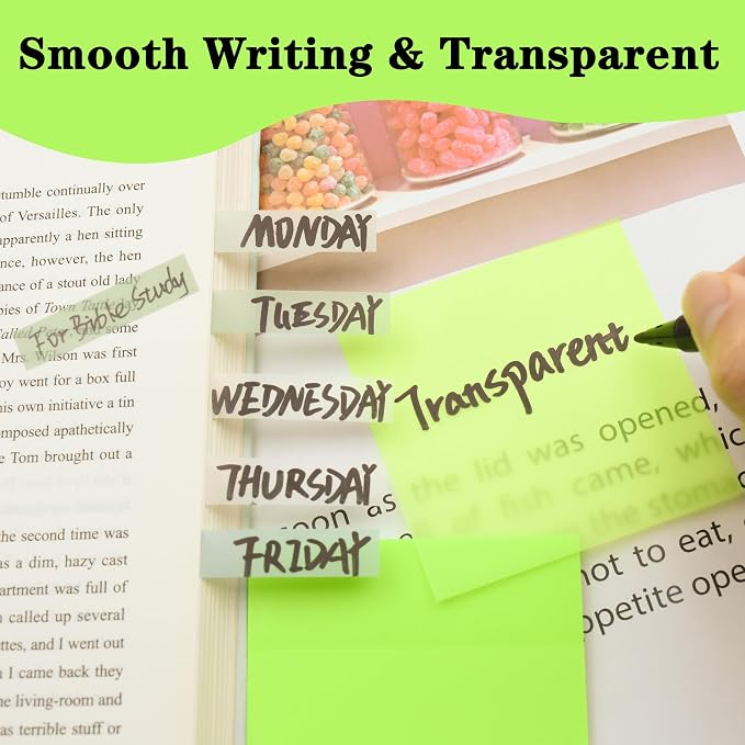 YOUDEFUL 800Pcs Transparent Sticky Notes, Bright Green Clear Sticky Notes, 3"x3" Waterproof Translucent Sticky Note Pads, Index Tabs, Clear Post it Notes for Bible Study, See Through Sticky Notes