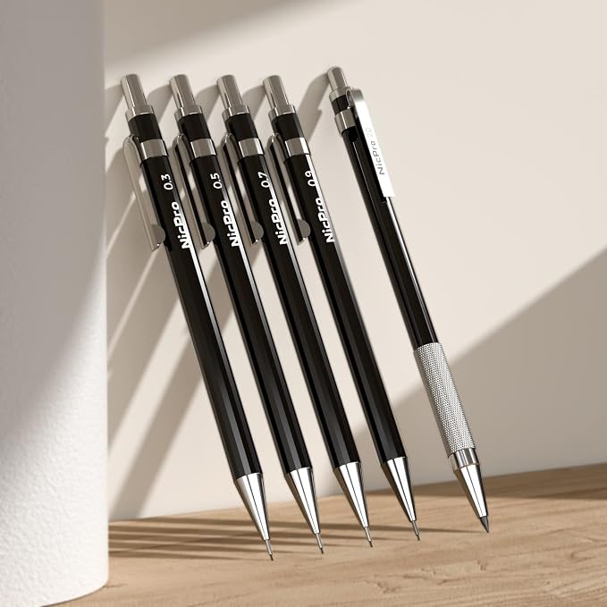 Nicpro 29PCS Black Metal Mechanical Pencil Set in Leather Case, 0.3, 0.5, 0.7, 0.9 & 2mm Lead Pencil Holder, (6B 4B 2B HB 2H 4H) Lead Refills (Black & Colors), Eraser For Art Drafting Sketching