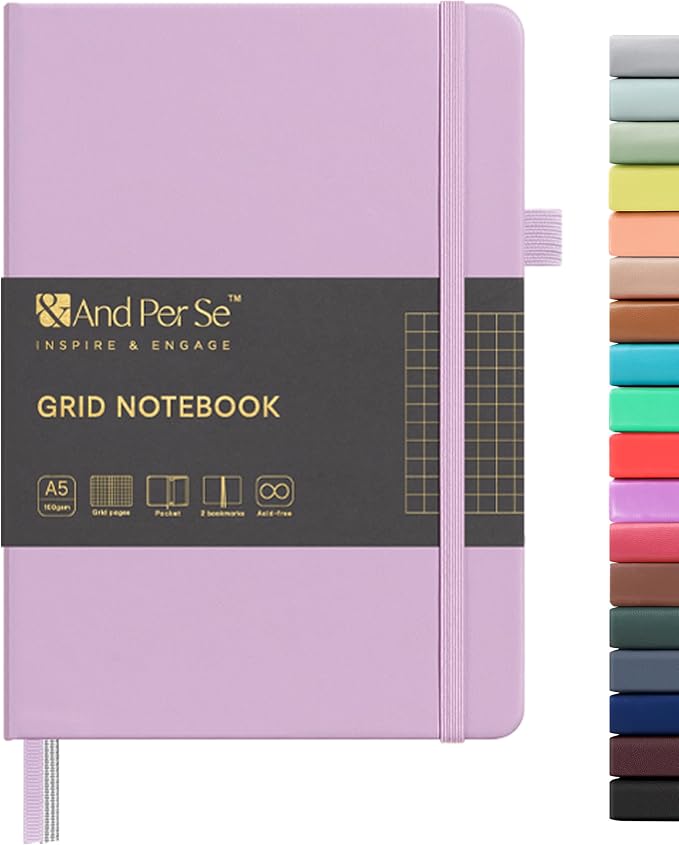 &And Per Se Graph Notebook, 5mm Grid, A5 Hardcover, 160 Pages 100gsm Thick Paper, Grid Journal for Diagrams, Wireframes, CAD Sketches (Lavender)
